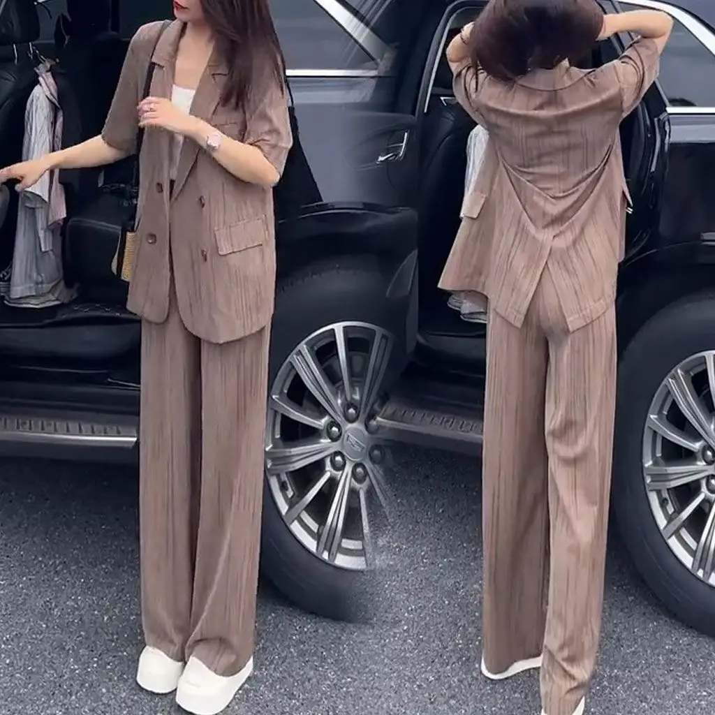 Elegant Women's Sets 2025 Woman 2-Piece Trouser Suits Fashion 2pcs Outfits Short Suit and Wide Leg Pant Suits Oversize A548