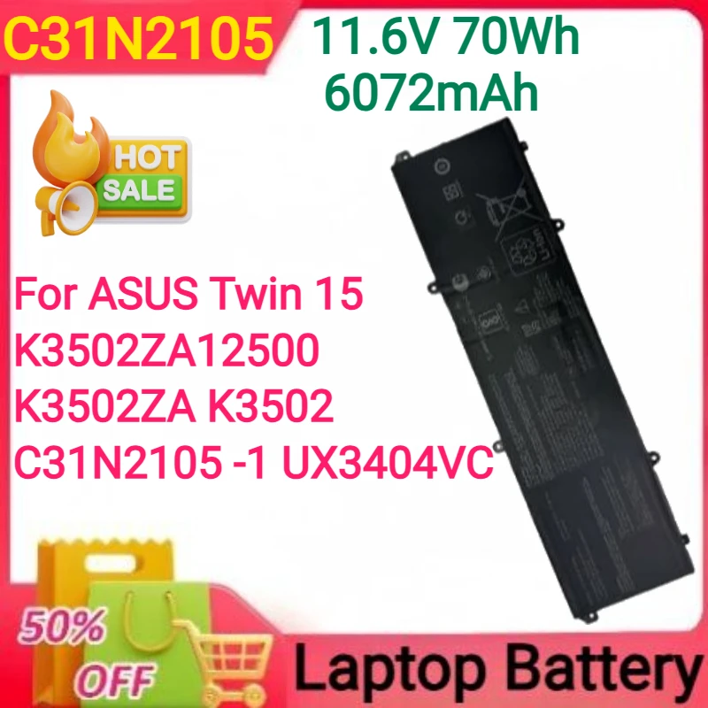 

11.6V 70Wh 6072mAh C31N2105 for ASUS Twin 15 K3502ZA12500 15.6-inch Laptop Notebook K3502ZA S4600F K3502 C31N2105 -1 UX3404VC