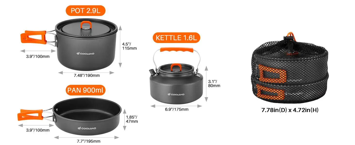 Odoland 10pcs Camping Cookware Camping Pots and Pans Set with Kettle Plastic Bowls and Soup Spoon for Camping, Backpacking, Outdoor Cooking and Picnic