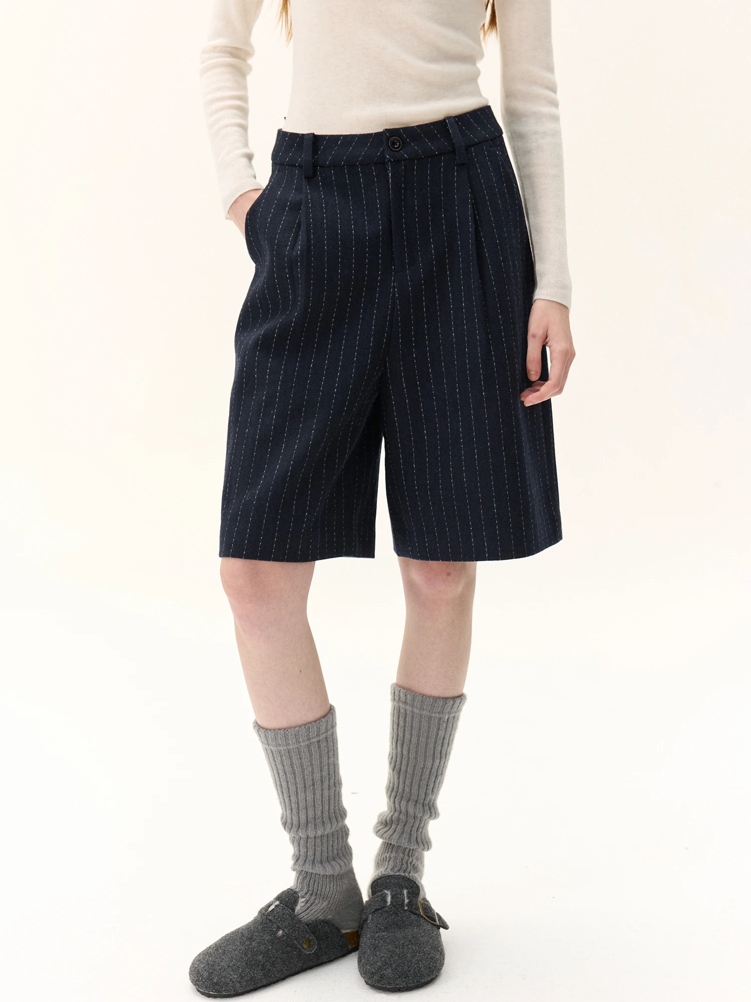 

CAMON Women's Casual Pants Vertical Stripes Wool Blend Autumn Winter Faion Slimming Five-Quarter Length Versatile