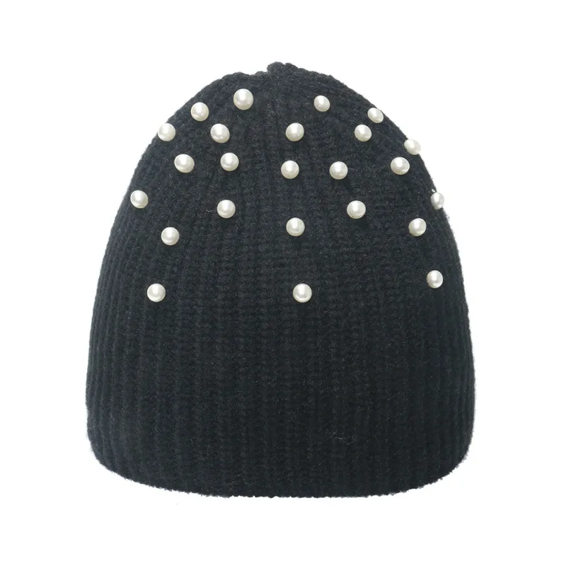 New Winter Classic Knitted Hats for Women Soft Beanies Girls Versatile Pearl Warm Skull Caps Turban Bonnet Cold Hat