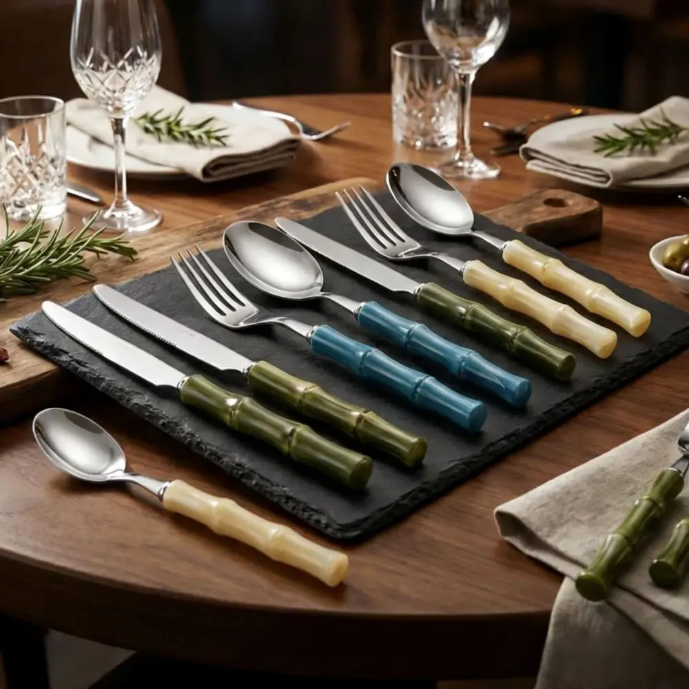 Bamboo Shape Handle Fork and Spoon 304 Stainless Steel Light Luxury Design Western Dinnerware Flatware Elegance Acrylic Handle