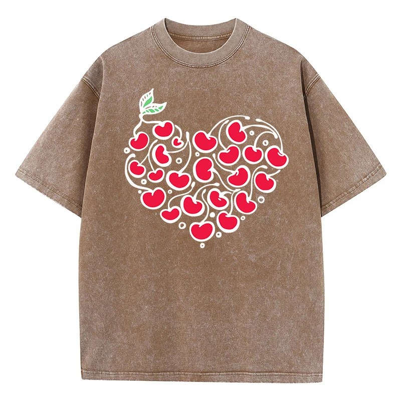 Surrounded By Heart-Shaped Cherries Print Men Washed T-Shirt Fashion Casual Tshirt Street Hip Hop Tops Summer Distressed Clothes