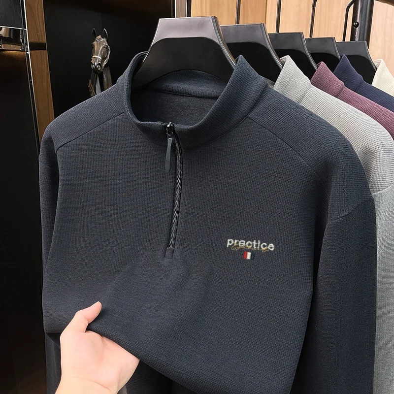 Spring Autumn Men's Light Luxury Brand Letter Embroidery Long Sleeve Starry Velvet Wool Silk Hoodie Comfortable Casual T-shirt