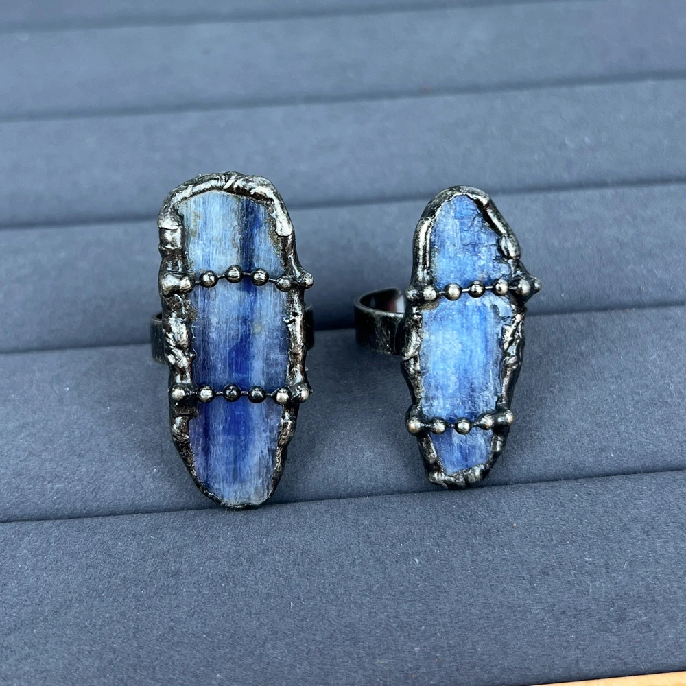 Natural Black Tourmaline Quartz Jet Stone ring, Vintage Blue Kyanite Crystal Ring for Women, Bronze Crystal Gemstone Jewelry