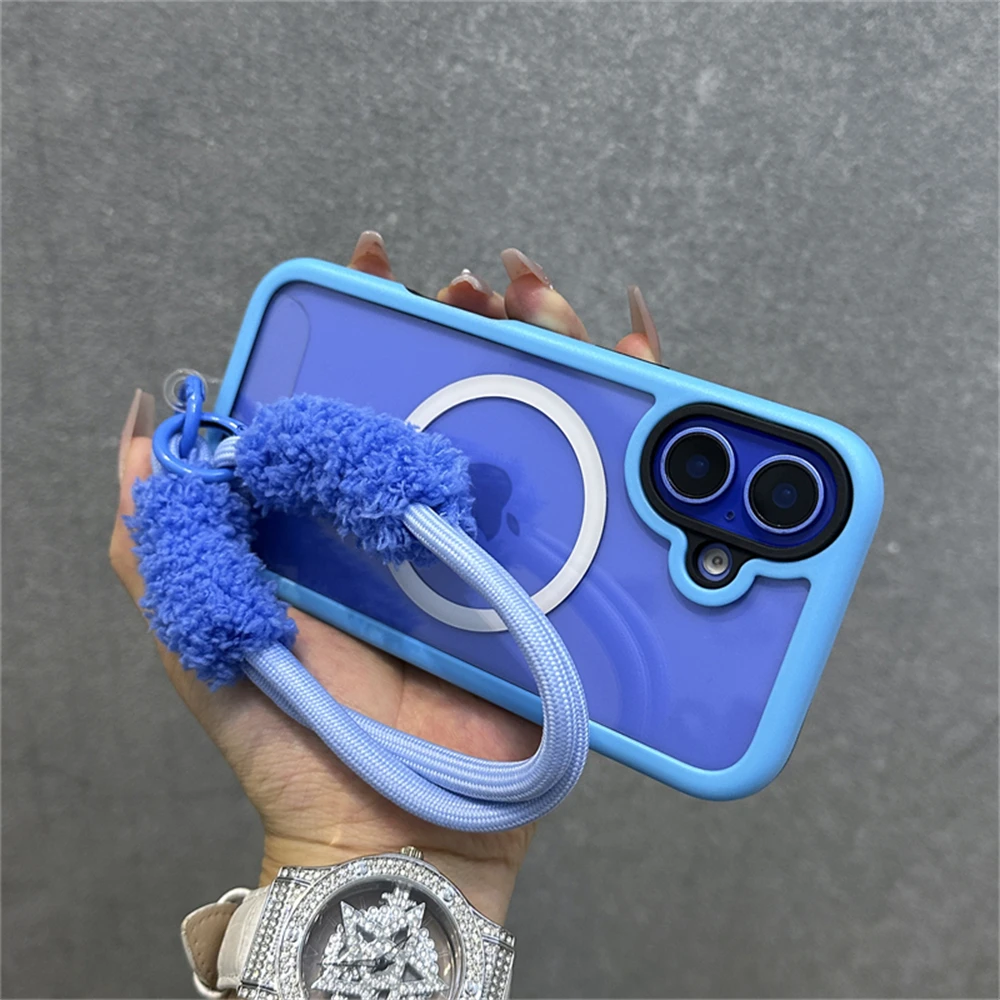 Candy Color Frame Magnetic For Magsafe Wireless Charging Wrist Strap Case For iPhone 16 13 14 15 Pro Max Plus Hard Clear Cover