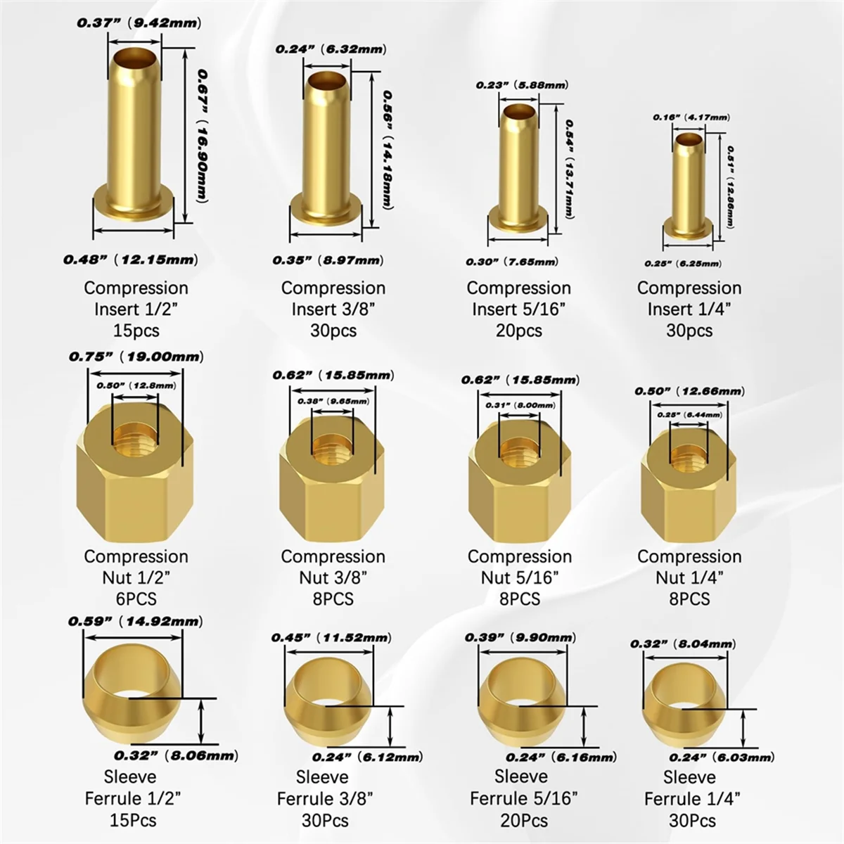 220PCS Compression Fittings  ortment Kit - 4 Sizes (1/4in, 3/8in, 5/16in, 1/2in) of Br  Compression Sleeve Ferrule