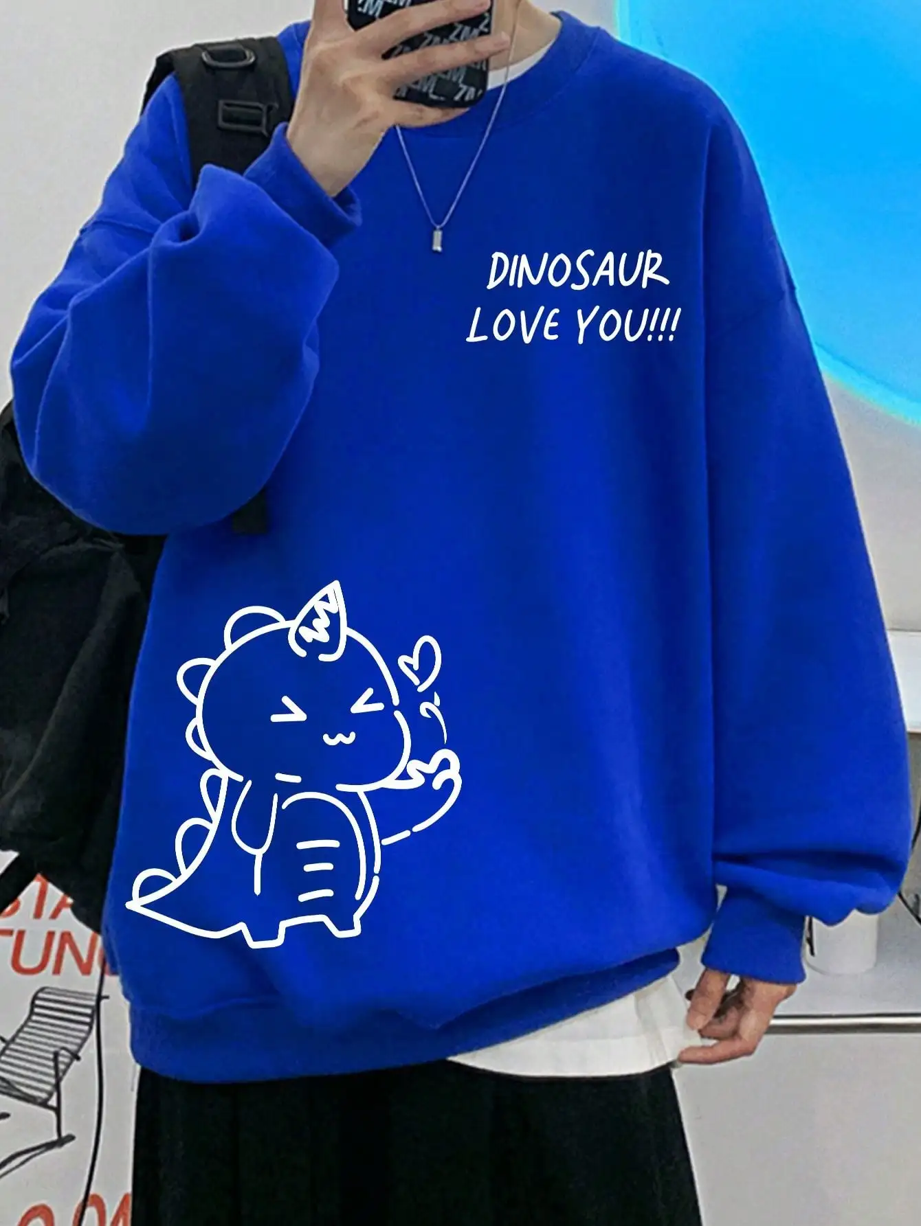 

Love Cartoon Little Dinosaur Pattern Men Hoody Crewneck Loose Pullover Warm Fleece Sweatshirts All-Match Street Clothing Male