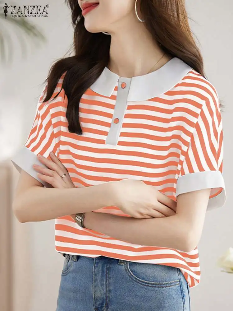 ZANZEA 2024 Summer Stripes Short Blouse Women Patchwork Tops Elegant Office Doll Collar Blusas Korean Slim Holiday  Tunic Shirt