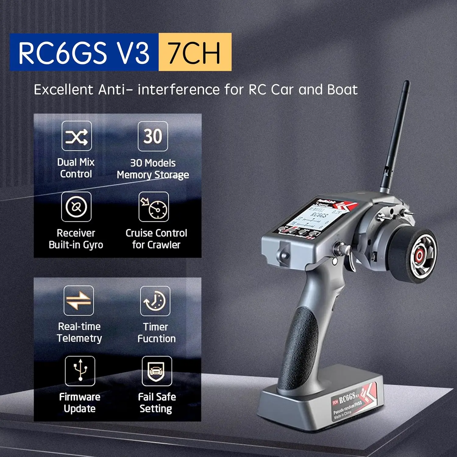 Radiolink RC6GS V3 7CH RC 송신기 자이로 리시버 R7FG R4FGM 듀얼 믹스 프로그래밍 가능 리모컨, RC 자동차 보트 탱크용