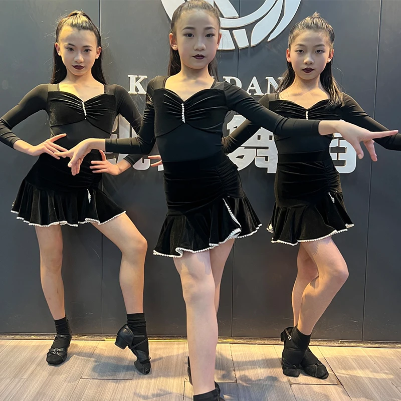 Latin Dance Kleid Mädchen Wettbewerb Kostüm Langarm Body Rüschen Tanz Rock Rosa Rumba Samba Bühne Kleidung Dancewear 1732