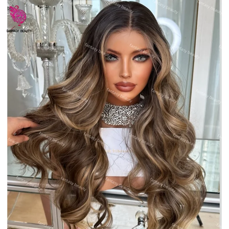 

Highlight Brown Blonde Body Wave Long Wigs Natural Glueless 13x4 Frontal Lace 200% Density 100% Human Hair For Women Easy Wear