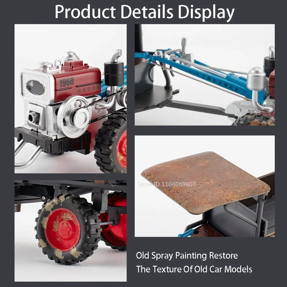 1:24 modelo de trator retrô em miniatura, brinquedos, liga fundida, veículos agrícolas, som, luz, pneus de borracha, modelos de ornamento, presentes para crianças