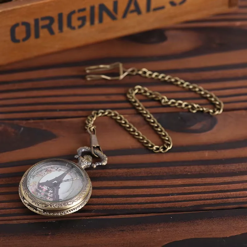 Transparent Lid Eiffel Tower White Surface Pocke Large Craved Exquisite Flower Pattern  Watch with Chain