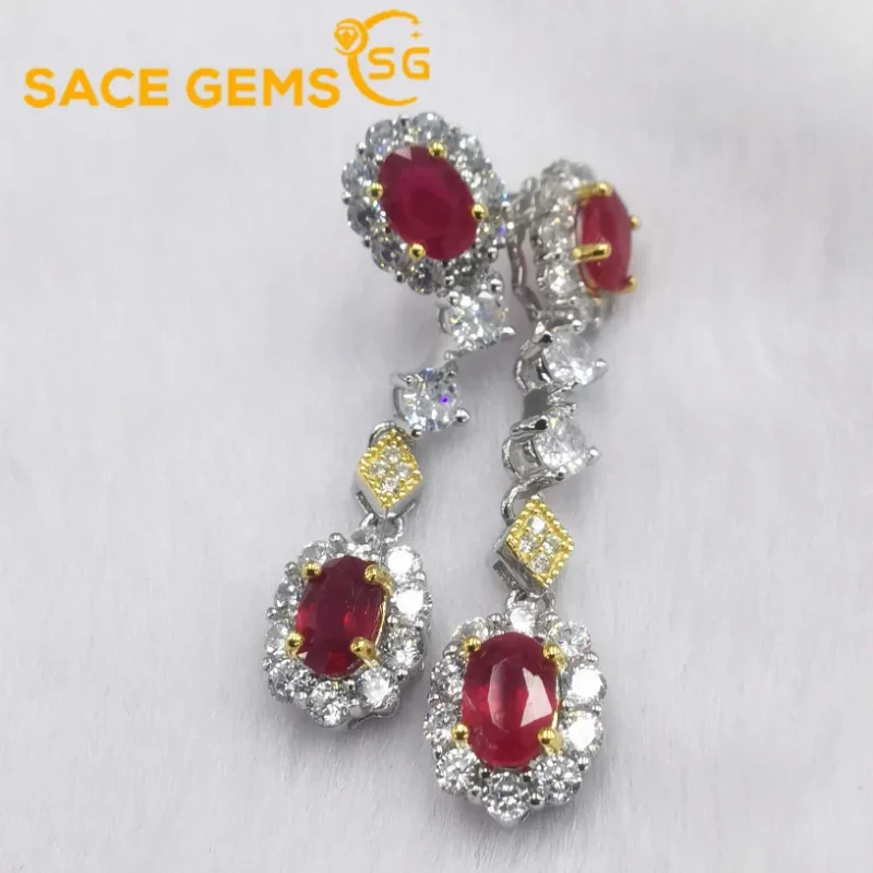 SACE GEMS 2023 Fashion Drop Earrings for Women 925 Sterling Silver 4*6MM Ruby Stud Earrings Wedding Party Fine Jewelry Gift