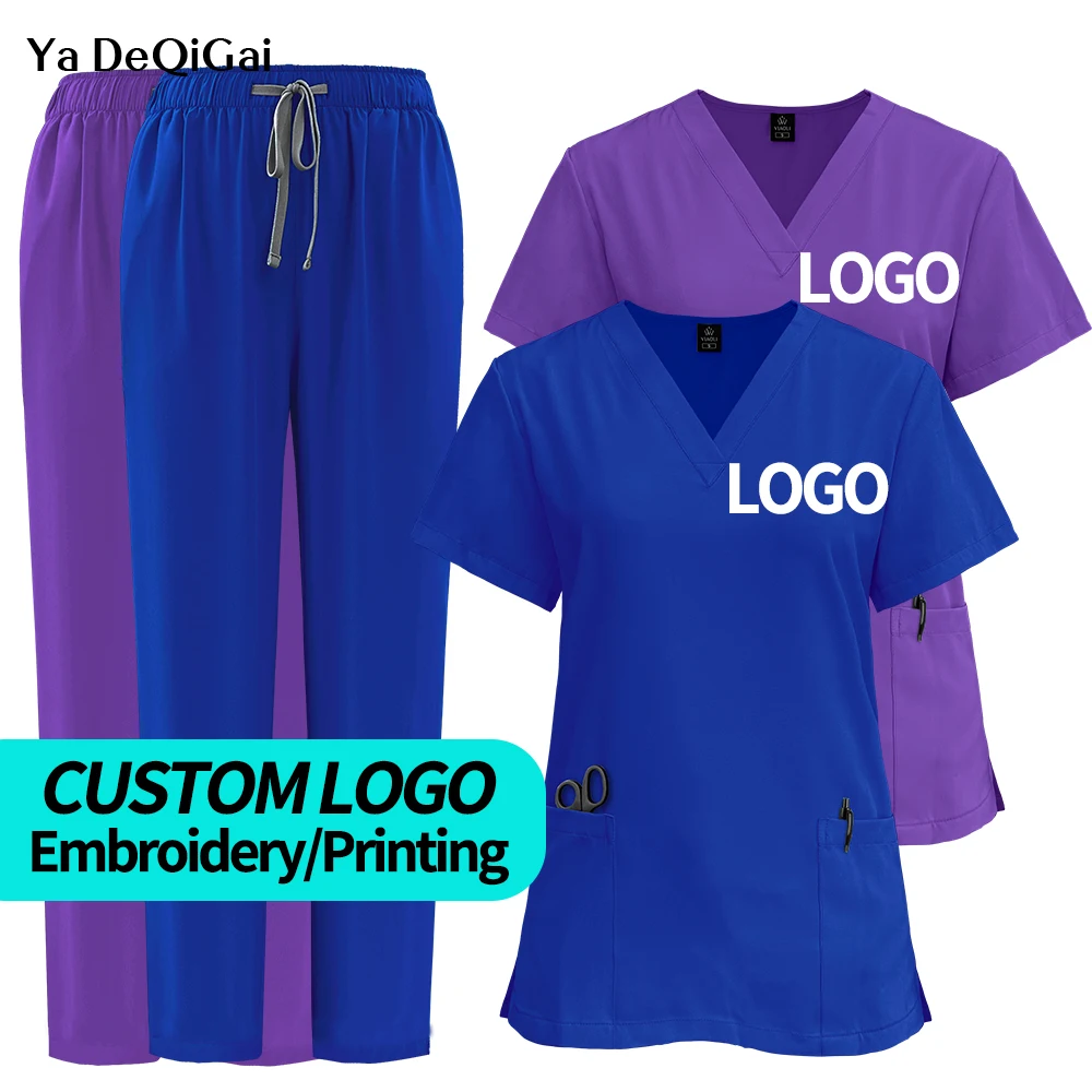 Custom Logo Clothes Medical Nurse Nursing Scrub Uniforms Set Hospital Surgical Uniform Women Short Sleeved Tops Straight Pants