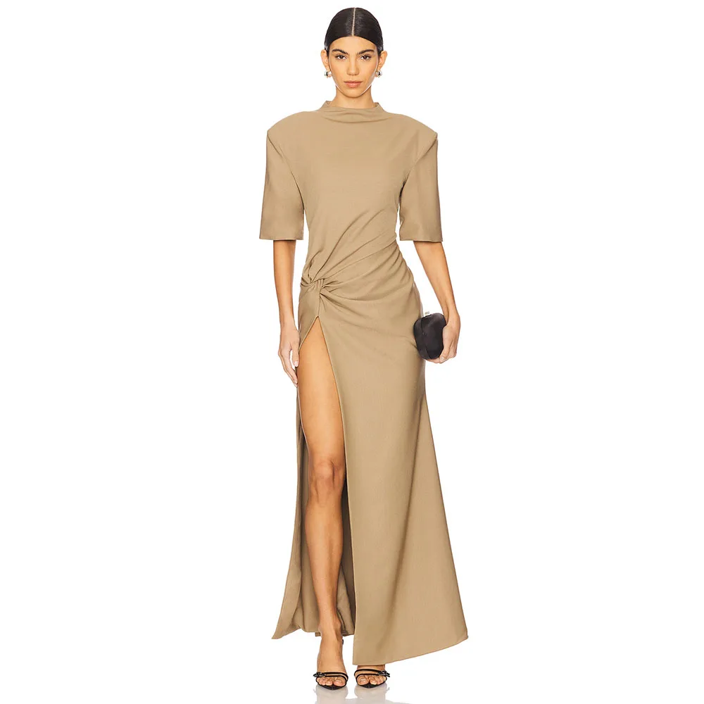 

Modern O Neck Women's Evening Dress Brown Mermaid Prom Gown Short Sleeves Ankel Length Slit Formal Simple Party Dress 2025 Long