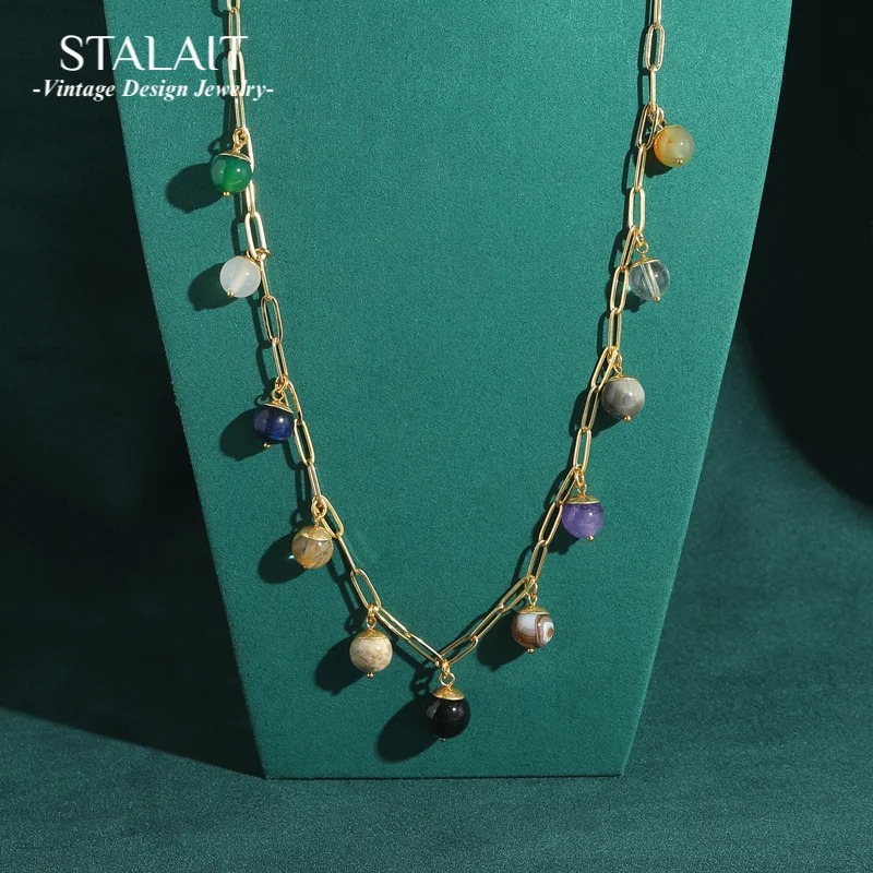 

Vintage Colorful Natural Stone Charm Necklace Gold Color Drop Long Chain Beads Woman Bohemian Luxury Jewelry Designers 2025 New