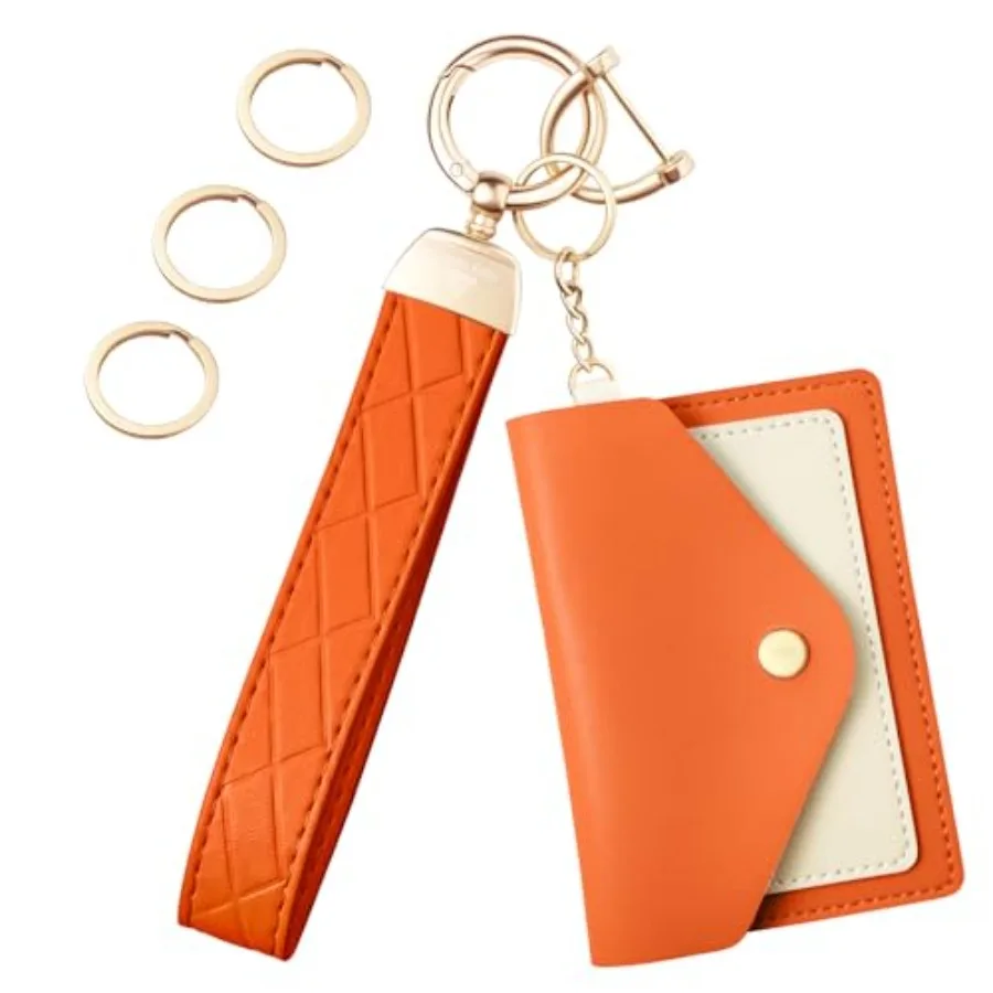 

Leather Wristlet KeychainWrist Keychain Car Key Chain with 3 Key Rings D Ring and Slim Wallet