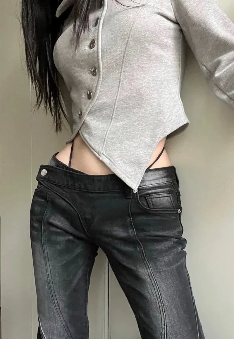 Vintage Distressed Low Waist Jeans  Asymmetrical Waist Denim Pant Korean Fashion Black Flare Jeans  Streetwear