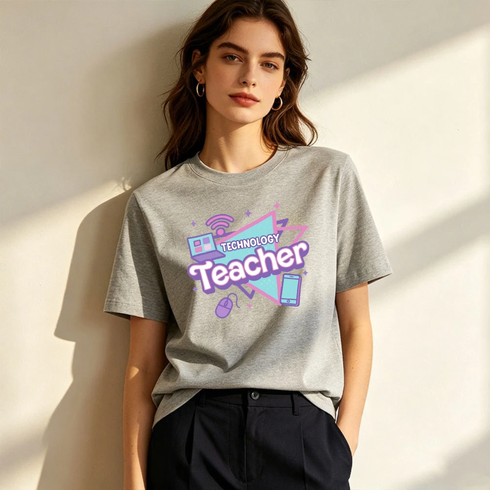 Technology Teacher Laptop Mouse Phone Cartoon Women Cotton T Shirt STEM Educator Colorful Bubble Letter Street Casual Tee