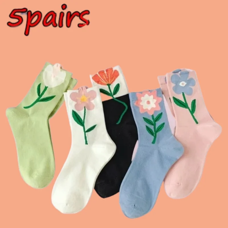 Chaussettes à fleurs de tulipe pour femmes, chaussettes mi-mollet, confortables et respirantes, haute qualité, mode, nouveau, 2024, 5 paires