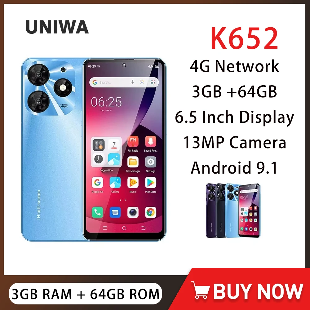 Глобальная версия UNIWA K652 Ультратонкий смартфон 4G Android 6,53 дюйма HD 3 ГБ + 64 ГБ Мобильные телефоны 3250 мАч 13 МП Мобильный телефон Дешевая цена