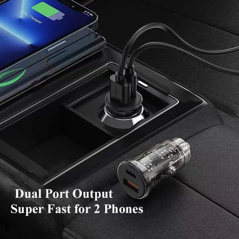 UYUXIO 2 في 1 شفافة USB C شاحن هاتف السيارة محول PD 90 واط شحن سريع للغاية في السيارة آيفون 16 سامسونج أندرويد الهاتف