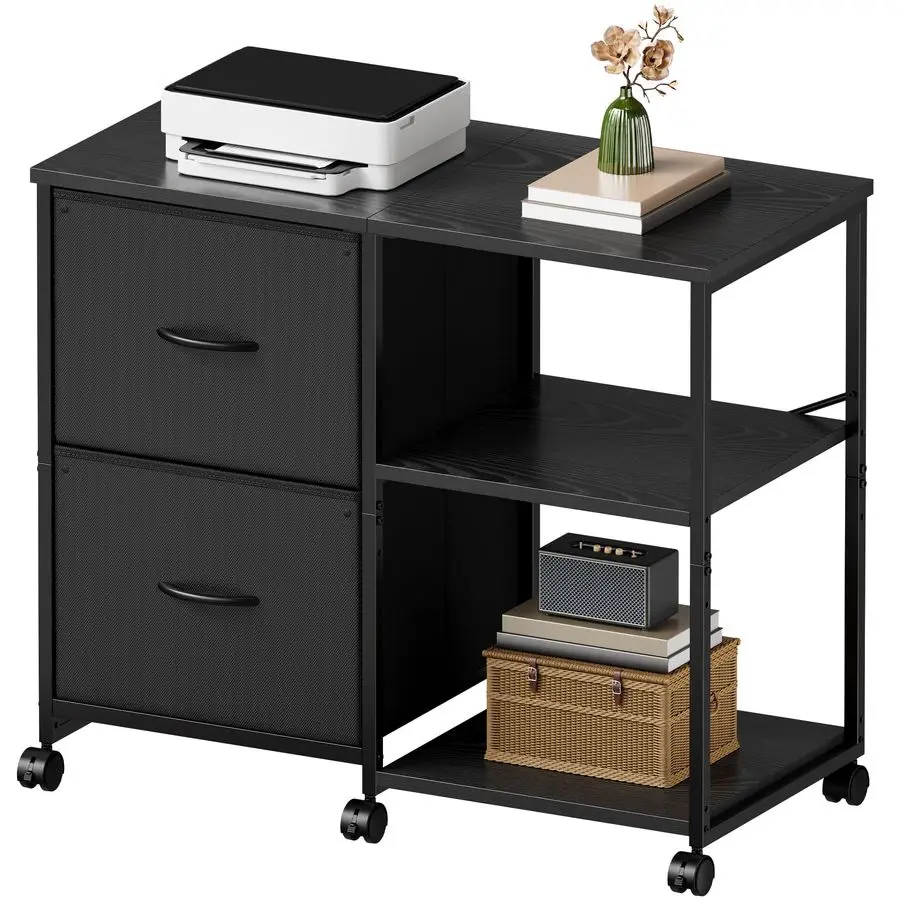 

Тканевый боковой шкаф для документов с колесиками, подставка для принтера на колесиках с открытой полкой для хранения для домашнего офиса, черный