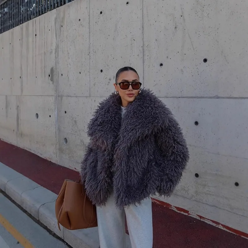 Fl 2025 inverno lulicore moda marrom casaco de pele do falso feminino chique outono quente fofo jaqueta de pele de ovelha grande gola de pele novo