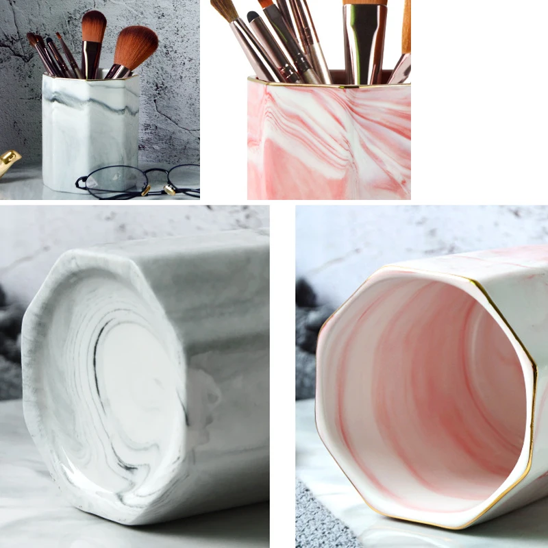 Marble Ceramic Cosmetic Makeup Brush Storage Box Pen Holder Desktop Organizer Manicure Tool