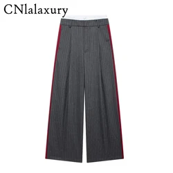 CNlalaxury Women Fashion Grey Striped Front Zipper Straight Pants Vintage High Waist Full Length Female Chic Lady Trousers