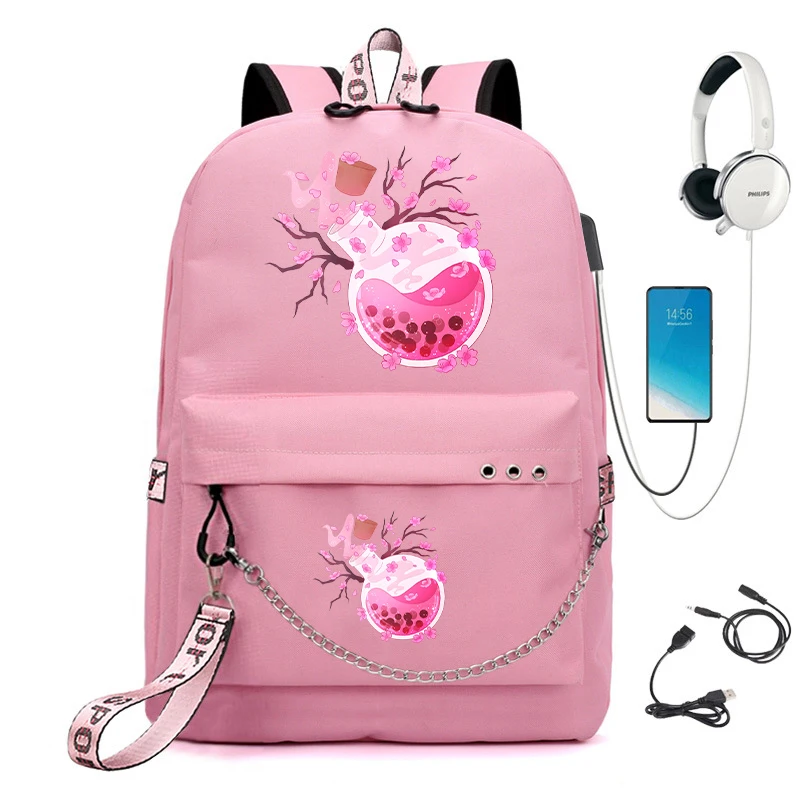 Primary Schoolbag for Girls Kids Backpack Cartoon Cherry Blossom Kawaii Waterproof School Bag Nylon Backpacks Anime Usb Bookbag