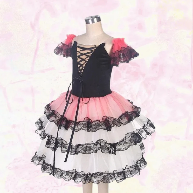 

Ballet Costumes Princess Cosplay Red Dress Lace-trimmed Tiered Skirt Dancewear School Stage Performance Outfits