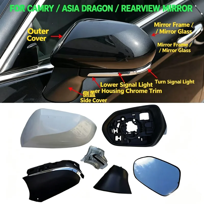 Rearview Mirror Housing Cover Turn Signal Light Reflective Glass For Toyota Camry 8th Gen XV70 2018‑2023 Hybrid Left Right Side