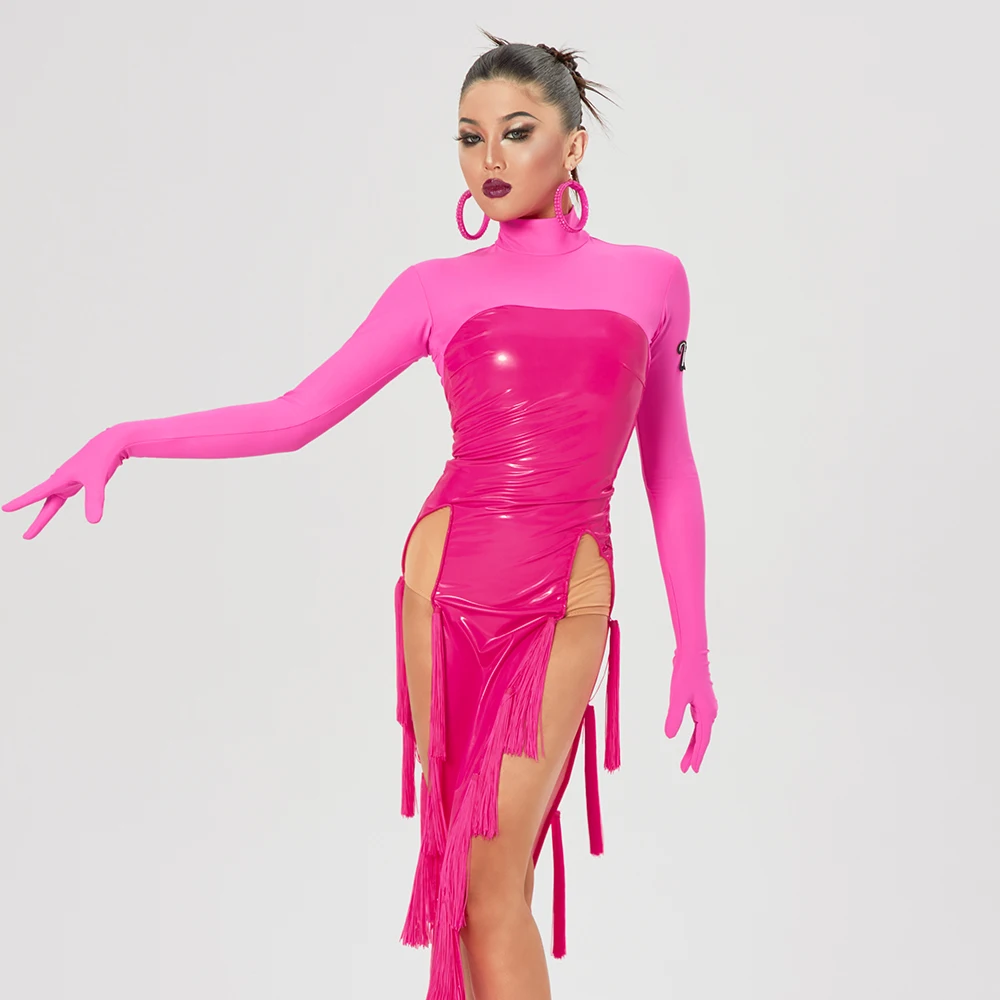 Vennystyle Latin dance one-piece costume for girls adult fashion high neck long sleeve fringe dance practice costume