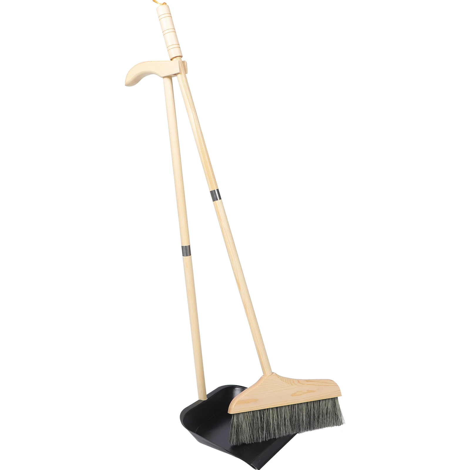 Solid Wood Bristle Broom and Dustpan Set Black Home High-quality Cleaning Durable Stainless Steel Anti-wind