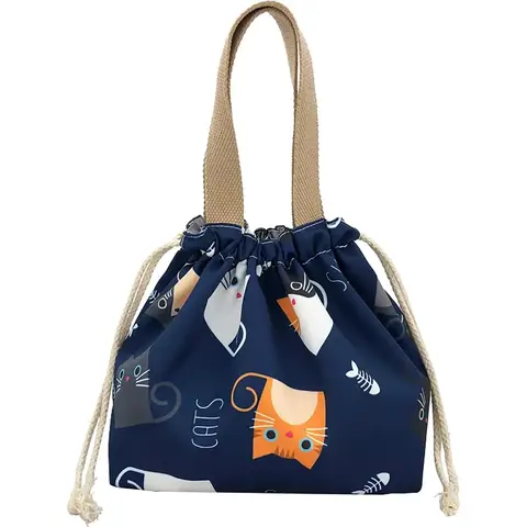 Mini pochette fourre-tout réutilisable, petit sac à déjeuner mignon avec cordon de serrage, adapté aux filles et aux femmes, chat bleu