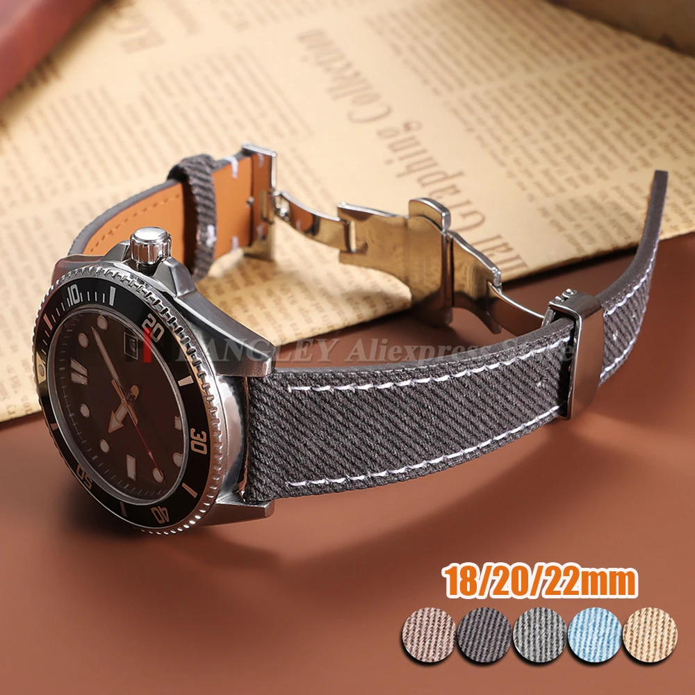 Denim Sailcloth Watchband Leather Watch Strap 18mm 20mm 22mm for Seiko for Rolex Band Butterfly Buckle for Men Women Sport Belts