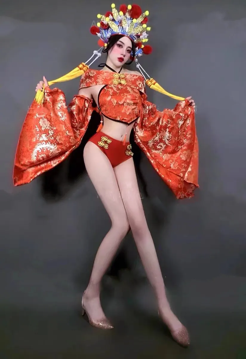 

Bar gogo New Year's Day New Year's Eve costume female red Chinese style national tide golden dragon hat DS Mid-Autumn Festival D