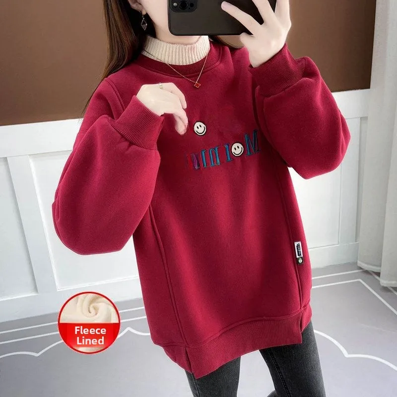 

Adorable Anti-Aging Embroidered Letter Fleece Hoodie Women's Lazy Style Half High Collar Warm Fashionable Student Sweatshirt
