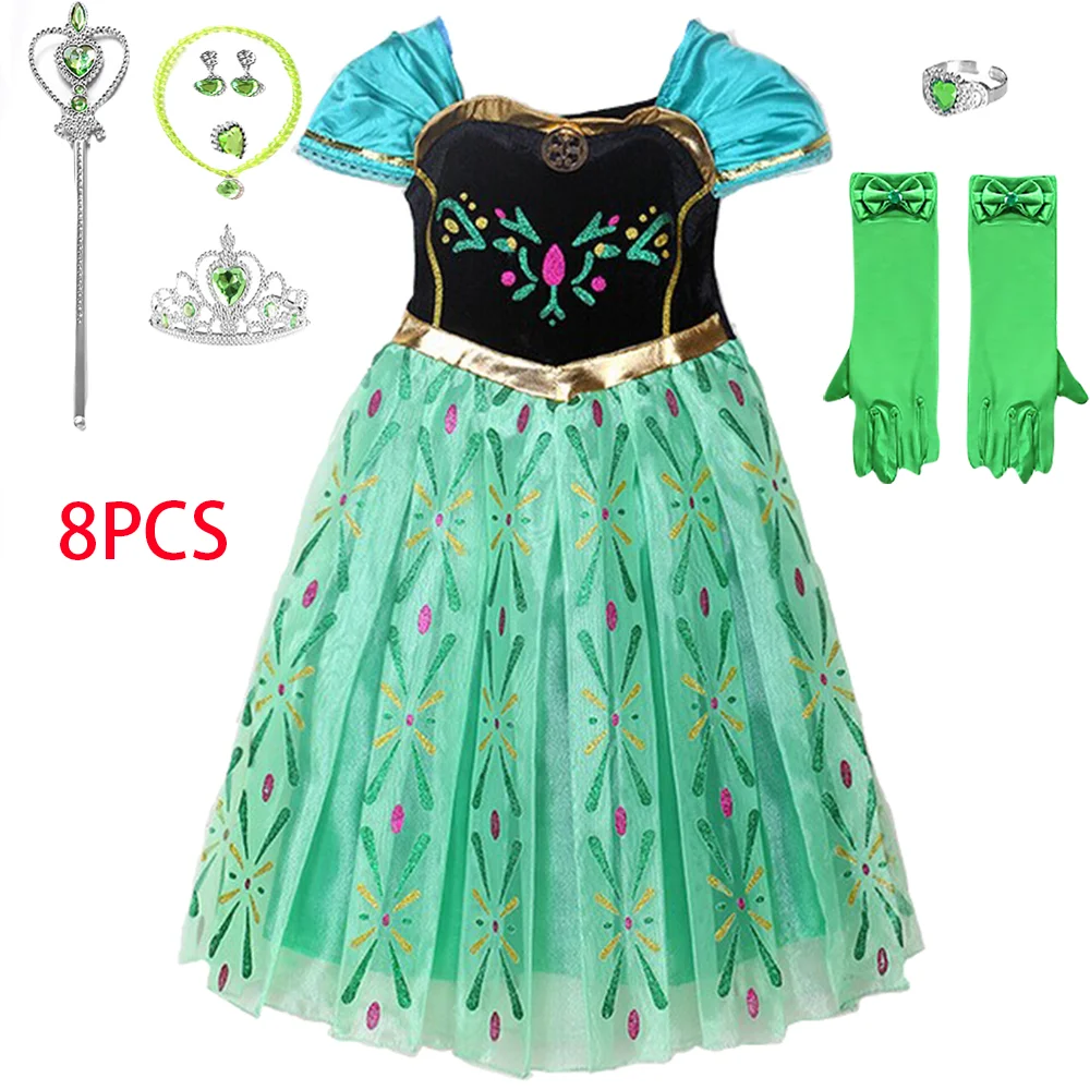 Girls Frozen Anna Green Princess Dress Kids Embroidery Flower Party Costume Mesh Material Short Sleeves Mid-Length For Beauty