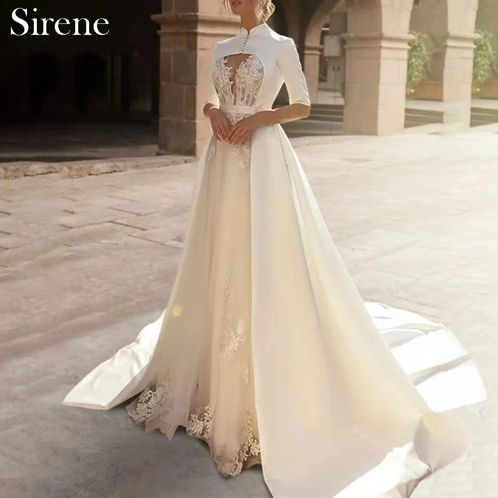 

Customized Elegant Long Wedding Dresses Lace High-Neck Floor-Length A-Line Brides Dress Women Vestidos De Novias 2025