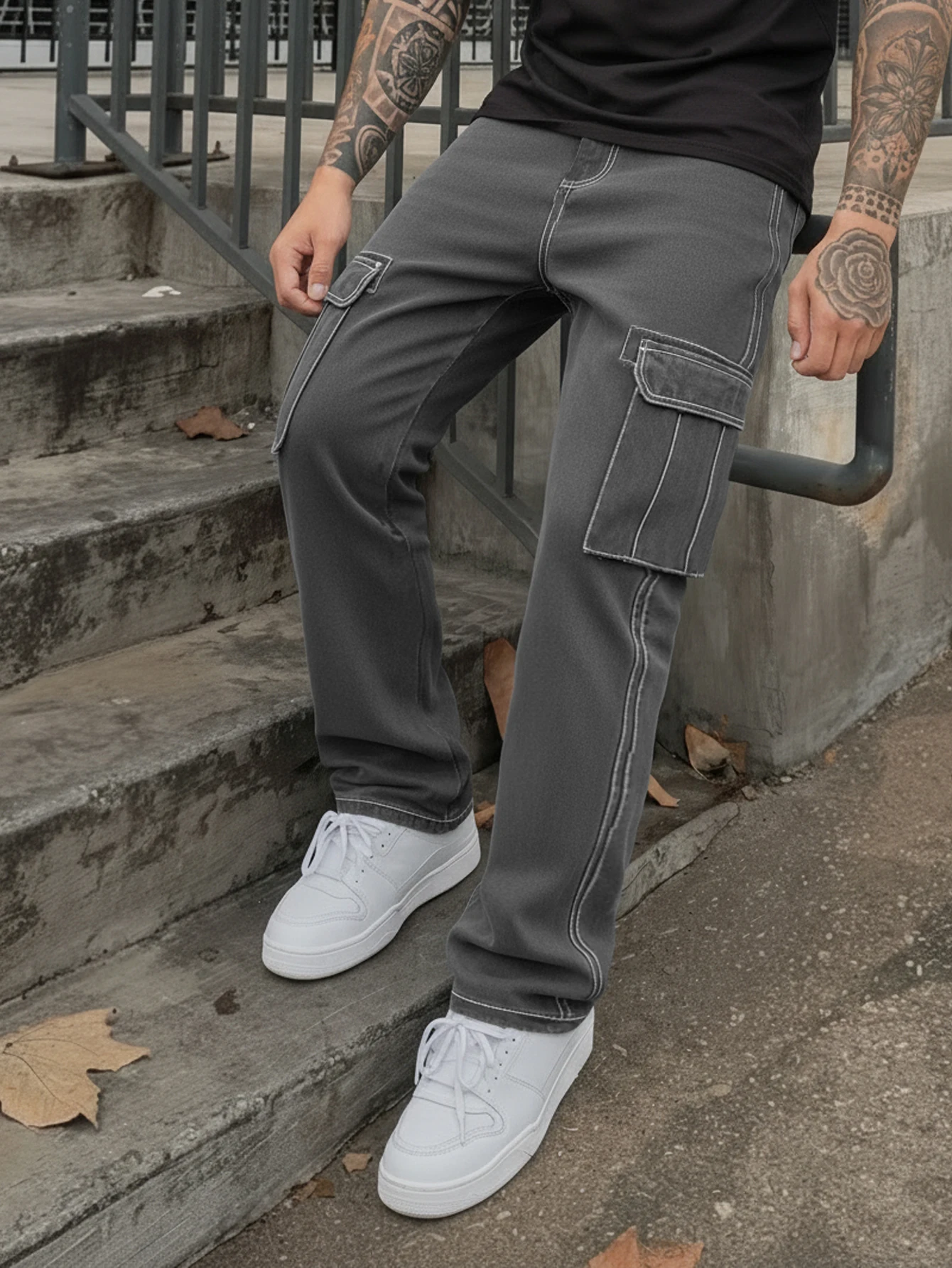 Spring new casual pants, fashionable stitch-line design trendy cargo pants, multi-pocket decorative straight pants, simple and t
