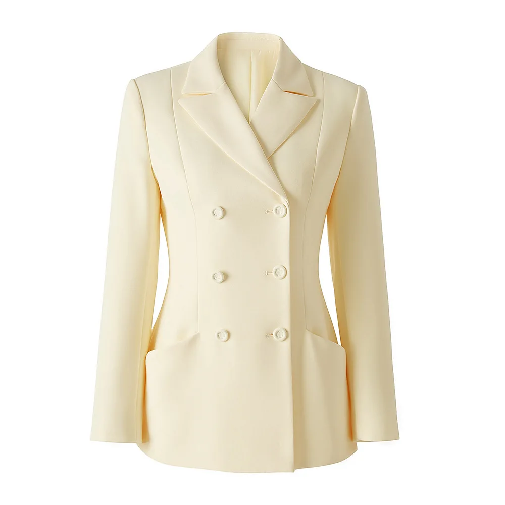 women's Spring & Autumn outwear light yellow lapel blazer jacket formal double breasted long sleeve blazer coat