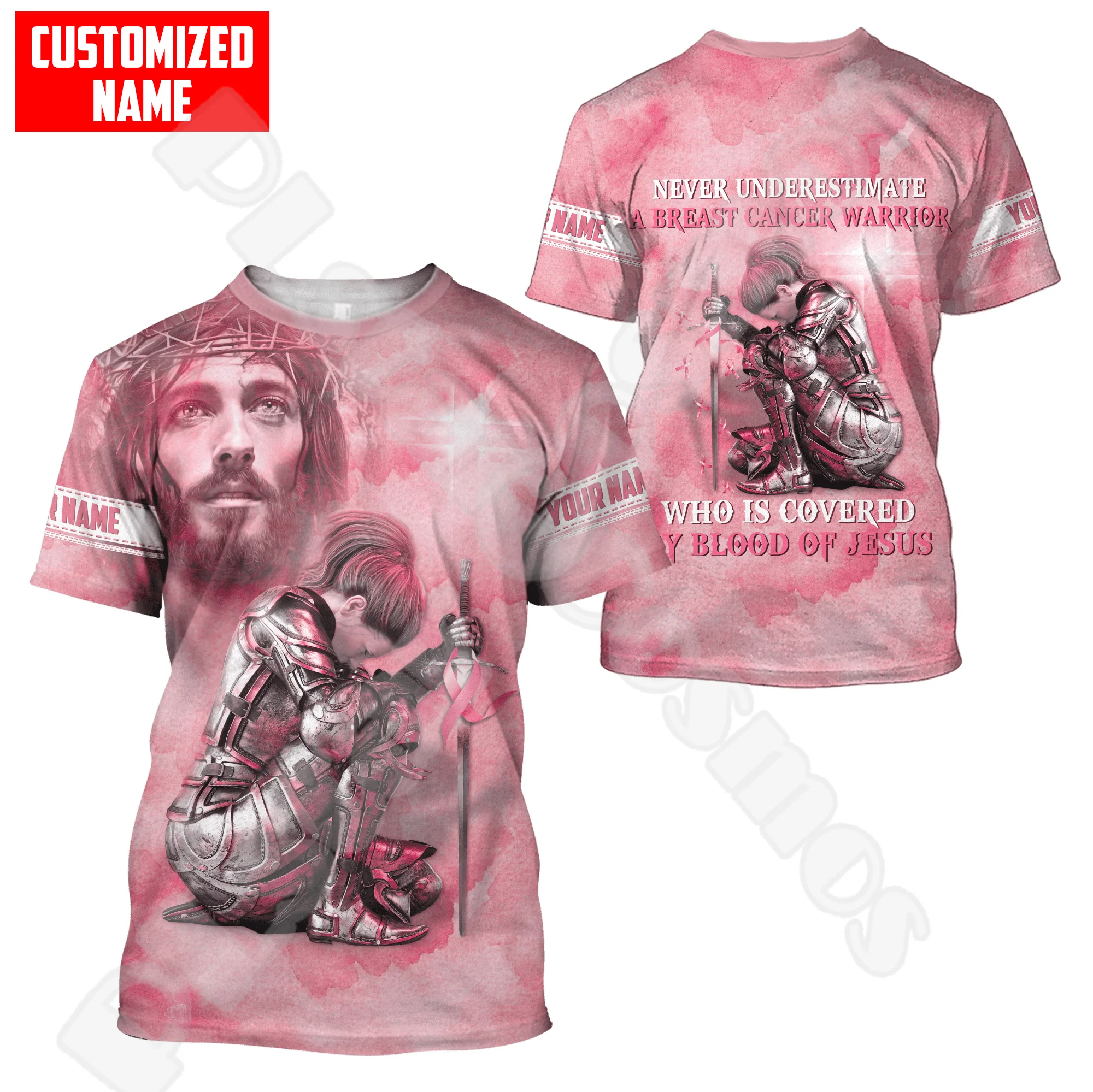 Custom Name Breast Cancer Fighter Pink Colorful Tattoo Retro Vintage 3DPrint Summer Casual Funny Harajuku Short Sleeve T-Shirt 0