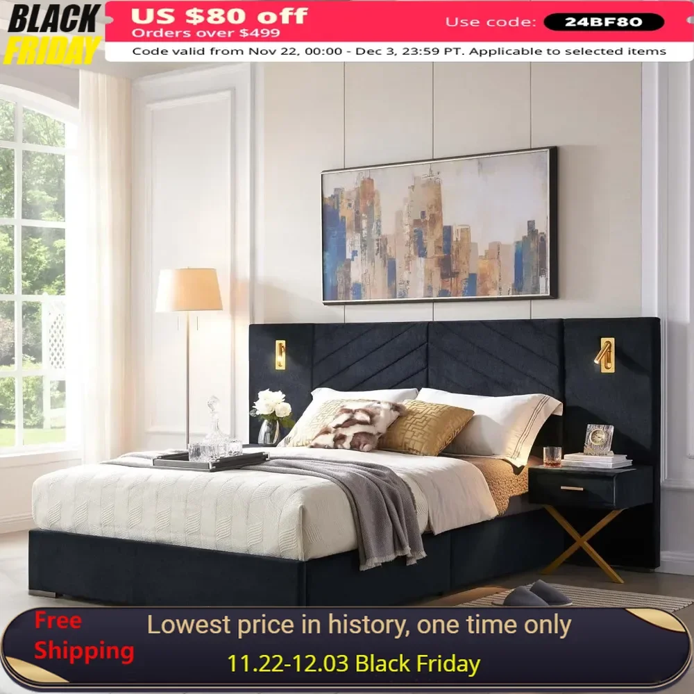 Queen Bed Frame with Built-in LED Lights and Nightstands and Oversize Upholstered Headboard, Bed Frame