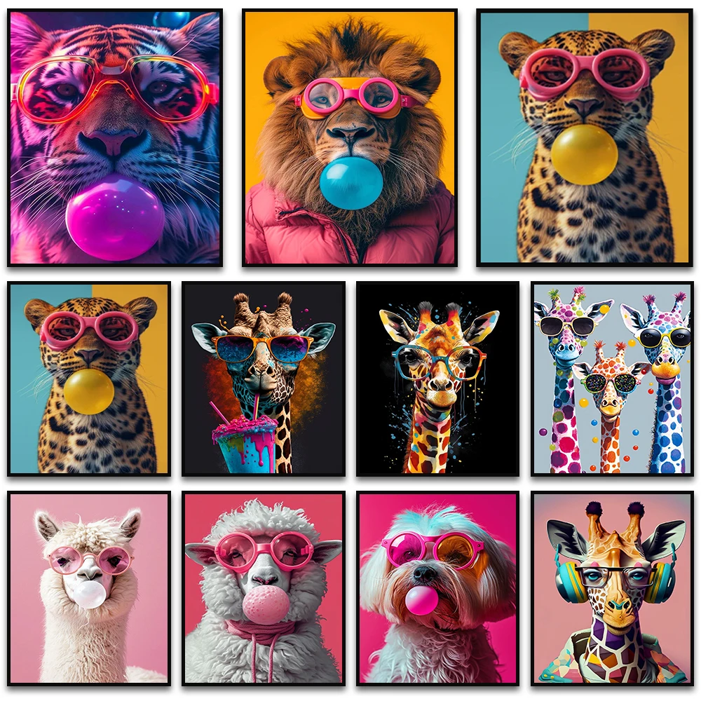 1pc Canvas Painting frameless Funny Color Animal Bubble Posters Canvas Painting Prints Cute Giraffe Tiger Sheep with Glasses Wal