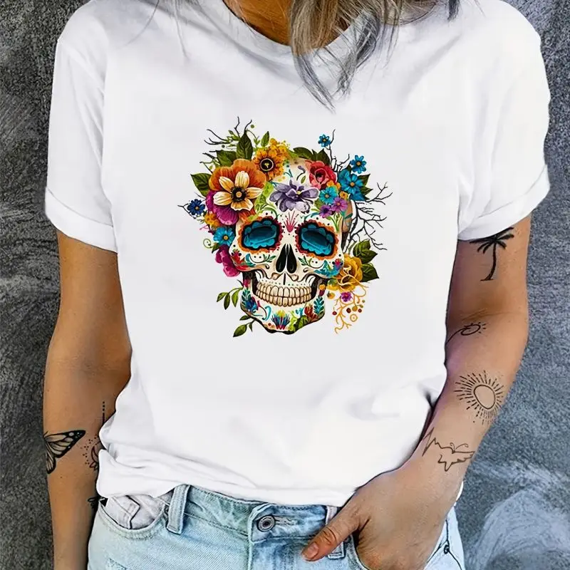 Skull & Floral Print T-Shirt Short Sleeve Fashion Casual Sport Basic Crew Clothes Harajuku Style Summer Women\'s Graphic T Shirts