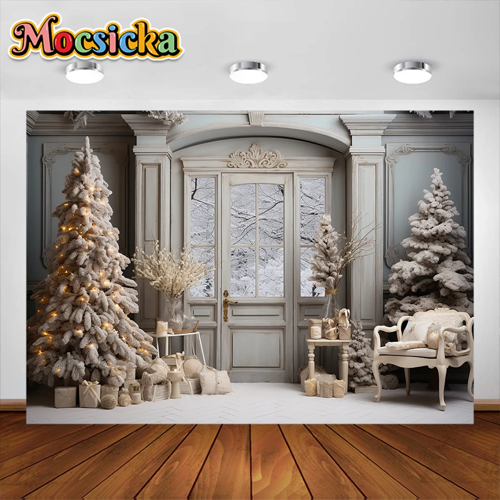 

Mocsicka Christmas Party Decoration Wooden Door Christmas Tree Cabinet Family Kids Adult Portrait Photography Studio Prop Banner